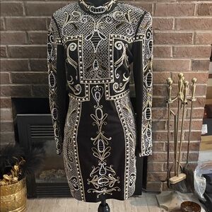 Vintage bebe Black Dress with Gold and Silver Beading - Long Sleeve